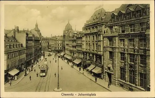 Ak Chemnitz Sachsen, Johannisplatz, Chemnitzer Bankverein, Straßenbahn