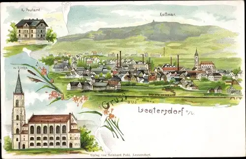 Litho Leutersdorf Oberlausitz, Kirche, Postamt, Panorama mit Kottmar