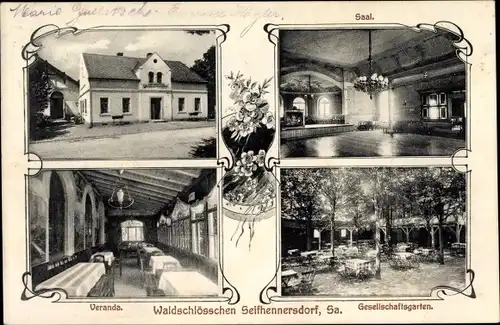 Ak Seifhennersdorf in Sachsen, Waldschlösschen, Saal, Gesellschaftsgarten