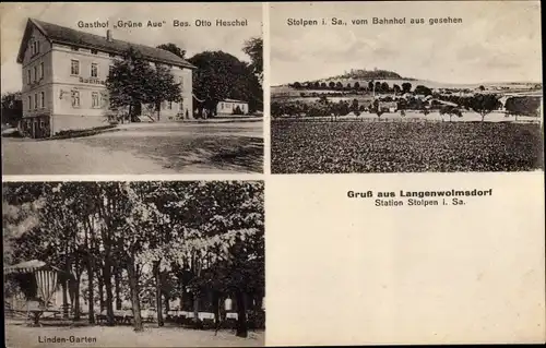 Ak Langenwolmsdorf Stolpen in Sachsen, Gasthof Grüne Aue, Lindengarten, Panorama vom Bahnhof