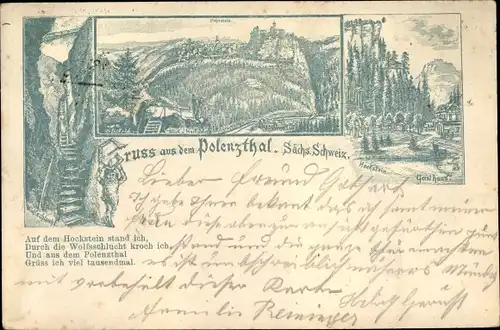 Vorläufer Litho Hohnstein Sächsische Schweiz, Polenztal, Wolfsschlucht, Hockstein, Gasthaus, 1893