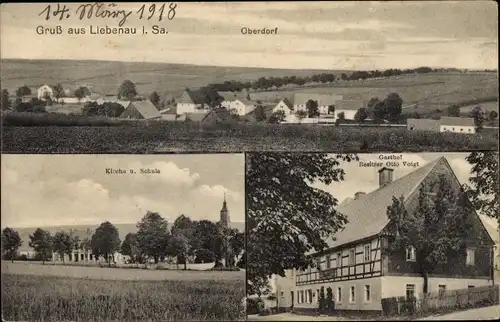 Ak Liebenau Geising Altenberg Erzgebirge, Oberdorf, Gasthof von Otto Voigt, Kirche, Schule