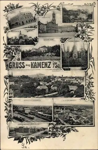 Ak Kamenz Sachsen, Hauptkirche, Marktplatz, Kirchturm, Bahnhof, Lessingplatz, Mutberg Hotel