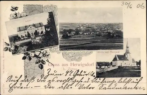 Ak Herwigsdorf Rosenbach in der Oberlausitz, Kirche, Pfarrhaus, Schule, Totalansicht