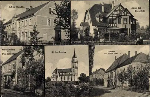 Ak Stauchitz im Landkreis Meißen, Gasthof Zur alten Post, Kirche, Schule, Geschäftshaus