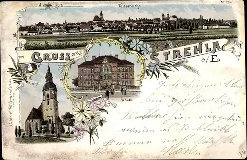 Litho Strehla an der Elbe Sachsen, Totalansicht, Kirche, Schule