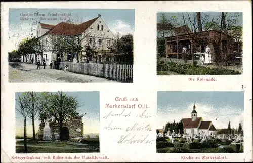 Ak Markersdorf in der Oberlausitz Sachsen, Gasthof zum Friedensthal, Kirche, Kriegerdenkmal