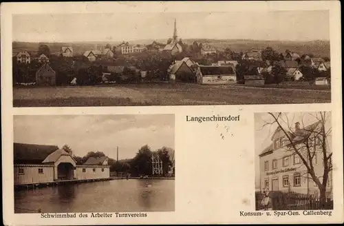 Ak Langenchursdorf Callenberg in Sachsen, Schwimmbad des Arbeiter Turnvereins, Konsumgenossenschaft
