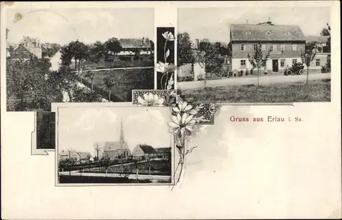 Ak Erlau in Sachsen, Kirche, Blick auf den Ort, Gasthaus