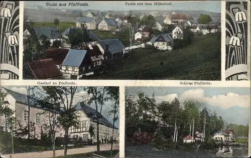 Jugendstil Ak Pfaffroda Olbernhau im Erzgebirge Sachsen, Gasthof, Schloss, Mitteldorf