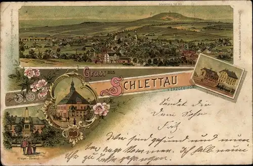 Litho Schlettau im Erzgebirge, Blick auf den Ort, Rathaus, Kriegerdenkmal