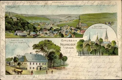 Litho Neuhausen in Sachsen, Panorama vom Ort, Purschenstein, Gasthof zum Grünen Gericht, Schloss