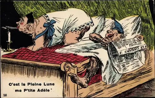 Ak Altes Ehepaar im Bett, C'est la Pleine Lune me P'tite Adele, Zeitung