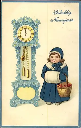 Präge Litho Glückwunsch Neujahr, Standuhr aus Vergissmeinnicht, Mädchen mit Muff