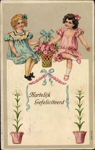 Präge Ak Glückwunsch, Hartelijk Gefeliciteerd, Mädchen, Blumen im Korb, Schleifen