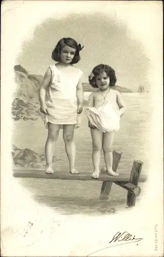 Präge Ak Zwei Mädchen am Strand, Brücke, Felsen