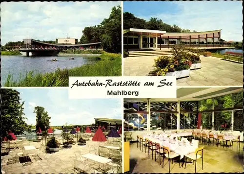 Ak Mahlberg im Ortenaukreis, Autobahn Raststätte am See, Aussen- und Innenansicht