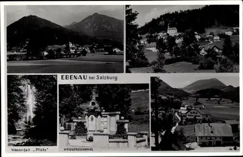 Ak Ebenau in Salzburg, Panorama vom Ort, Wasserfall Plötz, Kriegerdenkmal