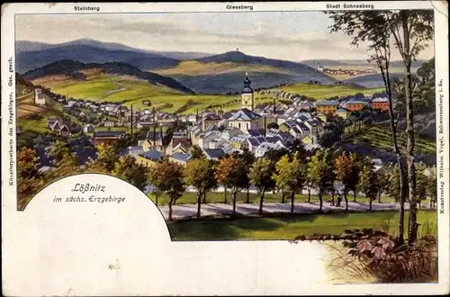 Künstler Ak Lößnitz im Erzgebirge, Gesamtansicht, Steinberg, Gleesberg, Stadt Schneeberg