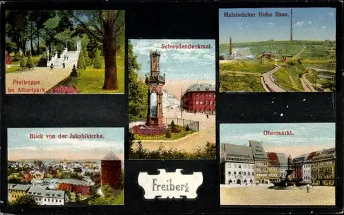 Ak Freiberg in Sachsen, Freitreppe, Albertpark, Schwedendenkmal, Halsbrücker Hohe Esse