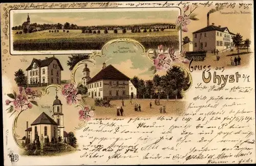 Litho Uhyst am Taucher Burkau Sachsen, Genossenschaftsmolkerei, Gasthaus zum Taucher Wald, Kirche