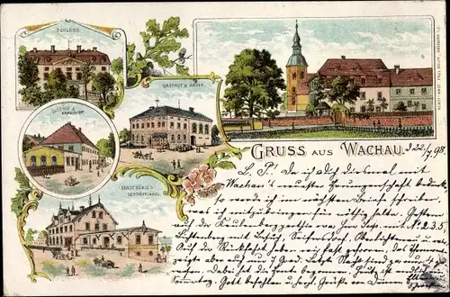 Litho Wachau in Sachsen, Schloss, Gasthof zum Erbgericht, Gasthof zum Anker, Geschäftshaus