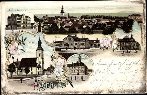 Litho Radeburg in Sachsen, Kirche, Hotel Ratskeller, Bahnhof, Hotel zum Hirsch, Schule, Panorama