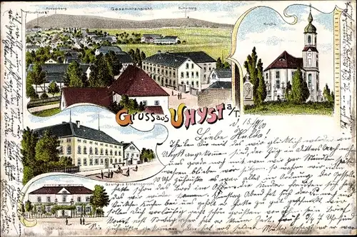 Litho Uhyst am Taucher Burkau in Sachsen, Kirche, Gasthaus Erblehngericht, Schule, Panorama