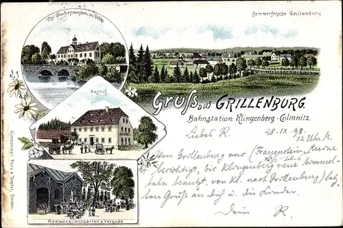Litho Grillenburg Tharandt im Erzgebirge, Oberforstmeisterei mit Brücke, Gasthof, Restauration