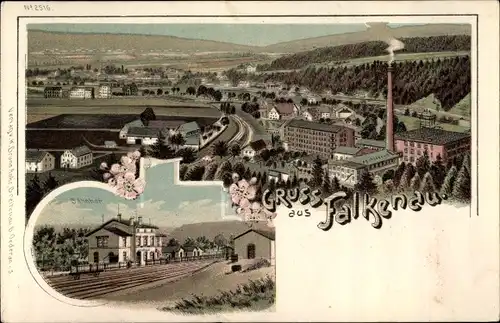 Litho Falkenau Flöha in Sachsen, Panorama, Fabrik, Bahnhof