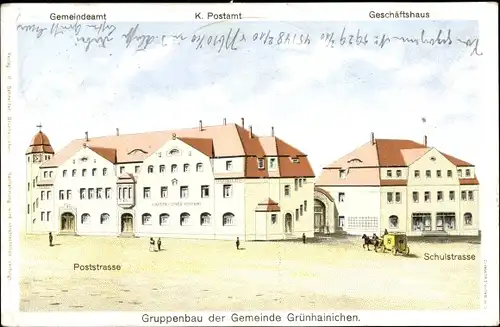 Künstler Ak Grünhainichen Sachsen, Gruppenbau Poststraße, Gemeindeamt, Postamt, Geschäftshaus