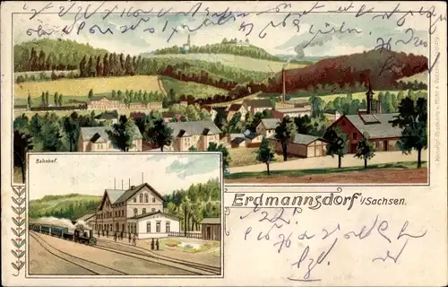 Litho Erdmannsdorf Augustusburg im Erzgebirge, Bahnhof, Gesamtansicht