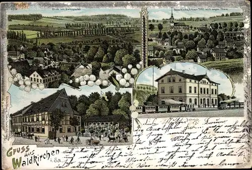 Litho Waldkirchen Grünhainichen im Erzgebirge Sachsen, Gasthof, Bahnhof, Kirche, Zschopautal