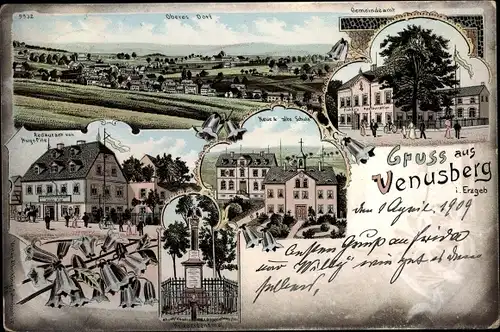 Litho Venusberg Drebach Erzgebirge, Gemeindeamt, Schule, Kriegerdenkmal, Restaurant, Panorama