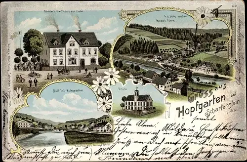 Litho Hopfgarten Großolbersdorf in Sachsen, Gasthaus zur Linde, Inh. Richter, Schule, Fabrik