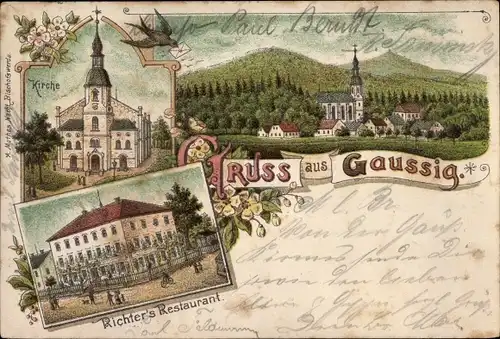 Litho Gaußig in der Oberlausitz, Kirche, Richters Restaurant, Gesamtansicht