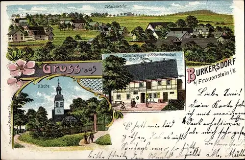 Litho Burkersdorf Frauenstein im Erzgebirge, Kirche, Handlung und Wirtschaft Robert Beyer, Panorama