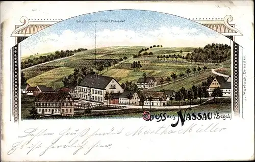 Litho Nassau Frauenstein im Erzgebirge, Gesamtansicht mit Gasthaus