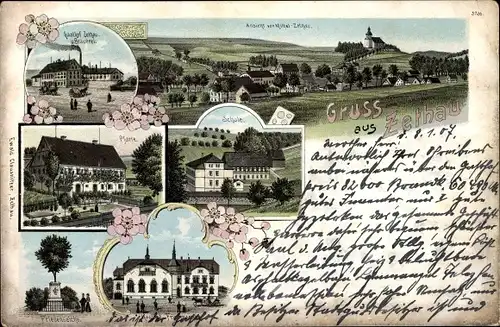 Litho Zethau Mulda im Erzgebirge, Gasthof, Brauerei, Schule, Pfarre, Friedenseiche