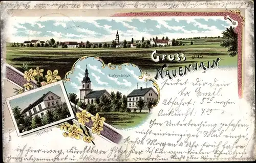 Litho Nauenhain Geithain in Sachsen, Pfarrhaus, Kirche, Schule, Gesamtansicht