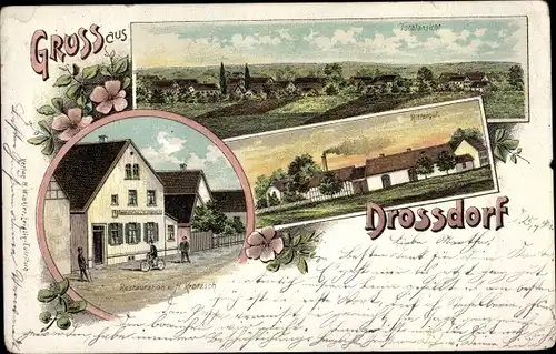 Litho Droßdorf Groitzsch in Sachsen, Restauration H. Krotzsch, Rittergut, Panorama