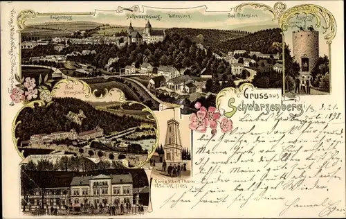 Litho Schwarzenberg im Erzgebirge Sachsen, Galgenberg, Bad Ottenstein, König Albert Turm