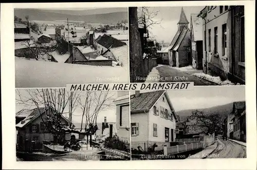 Ak Malchen Seeheim Jugenheim an der Bergstraße, Hauptstraße, Kirche, Gemischtwarenhandlung