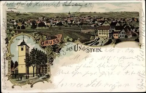 Litho Ungstein Bad Dürkheim am Pfälzerwald, Blick auf den Ort, Kirche