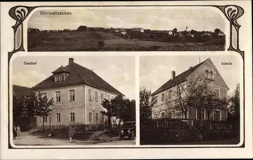 Jugendstil Ak Dürrweitzschen in Sachsen, Gasthof Möbius, Schule, Blick auf den Ort