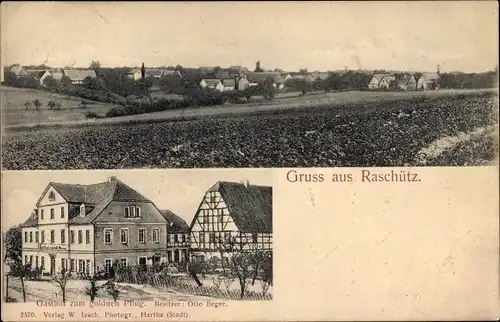 Ak Raschütz Colditz in Sachsen, Gasthof zum goldenen Pflug, Blick auf den Ort