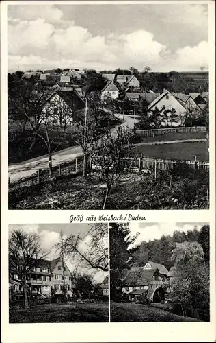 Ak Weisbach Waldbrunn im Necker Odenwald Kreis, Blick auf den Ort, Pension, Wassermühle