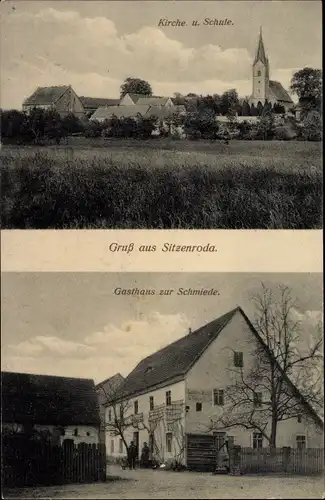 Ak Sitzenroda Belgern Schildau in Nordsachsen, Kirche, Schule, Gasthof zur Schmiede