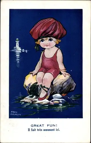 Künstler Ak Spurgin, Fred, Great Fun, Mädchen im Badeanzug auf einem Stein