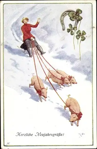 Künstler Ak Glückwunsch Neujahr, Schweine ziehen Frau auf einem Schlitten, Hufeisen, Kleeblätter